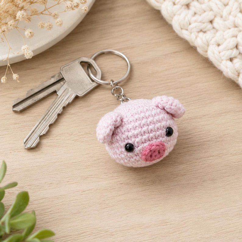 May include: A crochet keychain featuring a small, round, light pink pig head with two ears, a darker pink snout, and two black bead eyes. The pig is attached to a silver-colored metal split ring that holds two standard silver metal keys.