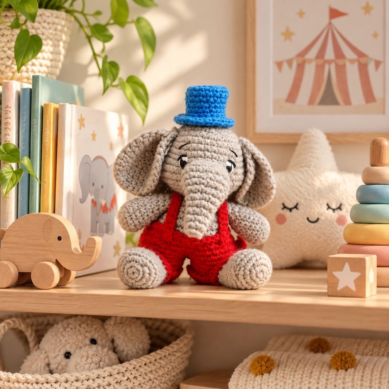 May include: A crocheted gray elephant toy wearing bright red overalls and a small blue top hat. The elephant has large ears, a trunk, and embroidered eyes. It is positioned among various children's toys, including books and a star-shaped pillow.