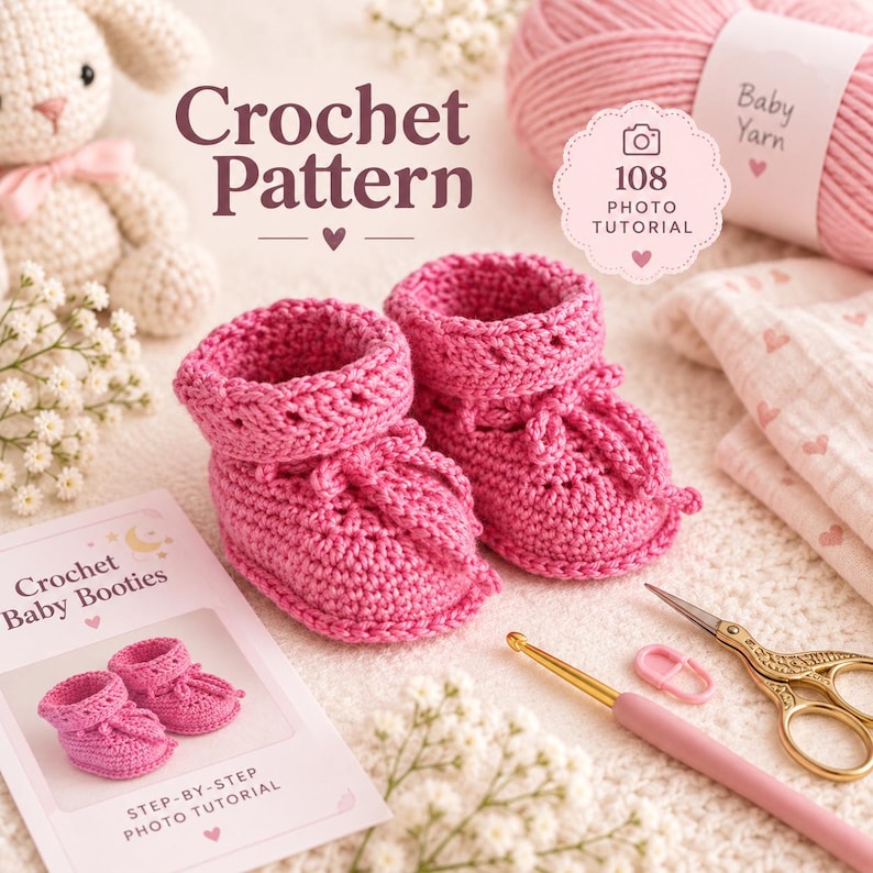 Op de afbeelding: Een haakpatroon voor babyslofjes met een paar handgemaakte roze babyslofjes, een haaknaald, een schaar, een steekmarkeerder, een bol roze garen en een instructiekaart met de tekst Crochet Pattern en Crochet Baby Booties.