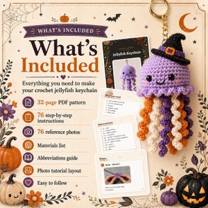 May include: A crochet jellyfish keychain kit featuring a purple jellyfish with a black witch hat, orange, white, and purple tentacles, and a gold keyring. The kit includes a 32-page PDF pattern, 76 step-by-step instructions, and 76 reference photos.