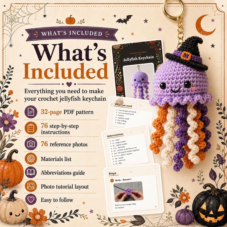 May include: A crochet jellyfish keychain kit featuring a purple jellyfish with a black witch hat, orange, white, and purple tentacles, and a gold keyring. The kit includes a 32-page PDF pattern, 76 step-by-step instructions, and 76 reference photos.