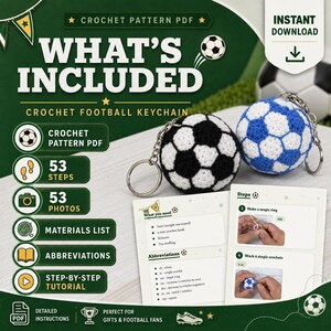 Op de afbeelding: Een digitaal haakpatroon in PDF voor een voetbal-sleutelhanger, met twee afgewerkte bolvormige sleutelhangers in zwart-wit en blauw-wit, inclusief instructiepagina's met 53 stappen, 53 foto's, een materialenlijst en afkortingen.