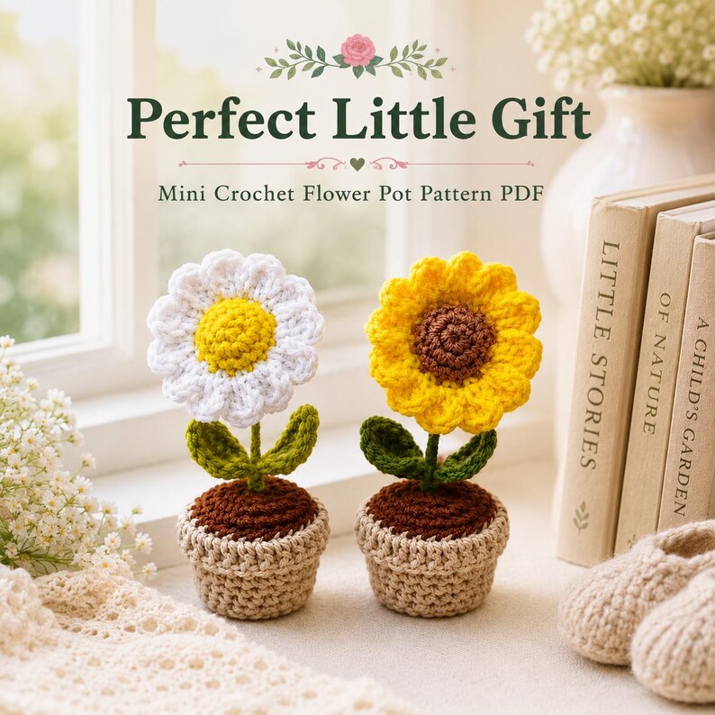 Op de afbeelding: Twee gehaakte bloemen in kleine potjes, een met witte bloemblaadjes en een geel hart, de andere met gele bloemblaadjes en een bruin hart. De tekst luidt: Perfect Little Gift, Mini Crochet Flower Pot Pattern PDF.