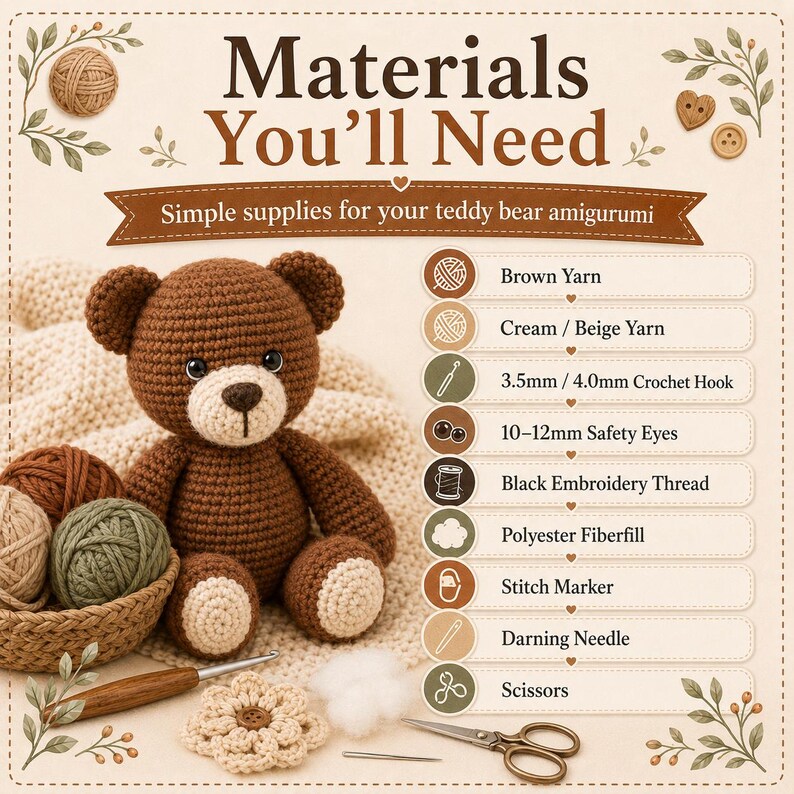 May include: An instructional graphic titled Materials You'll Need for a teddy bear amigurumi. It features a crocheted brown bear, yarn balls, a crochet hook, and a list of supplies including 3.5mm/4.0mm crochet hook and 10-12mm safety eyes.