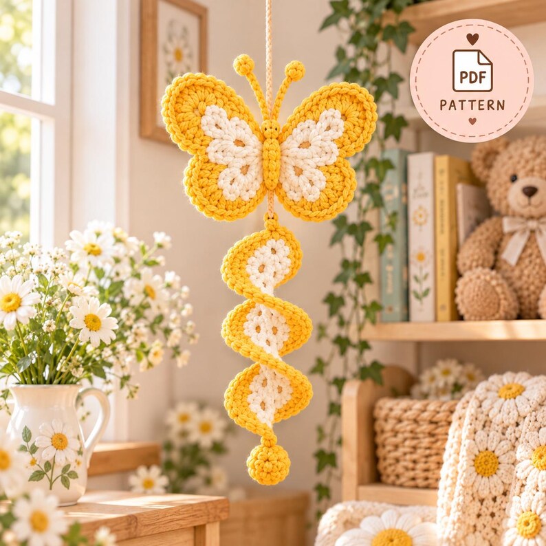Puede incluir: Un m&oacute;vil de mariposa de ganchillo colgante con alas de hilo amarillo y blanco y una cola en espiral que termina en una peque&ntilde;a esfera amarilla. La parte superior incluye una insignia circular con el texto PDF PATTERN a la derecha.