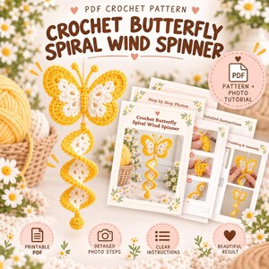 Puede incluir: Un patr&oacute;n de ganchillo en PDF para un molinillo de viento en espiral con forma de mariposa. El documento incluye fotos paso a paso, instrucciones detalladas y pasos de acabado. El proyecto terminado es una mariposa de ganchillo amarilla y blanca.