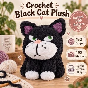 Haakpatroon voor een zwarte pluche kat (PDF), amigurumi patroon voor een chagrijnige kat, schattige gehaakte pluche kat, fotohandleiding in 192 stappen, digitale download