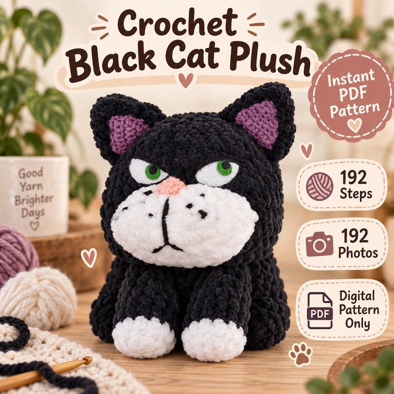 May include: A black cat plush made of textured yarn with white paws, a white muzzle, a pink nose, and green eyes. The image includes text: Crochet Black Cat Plush, Instant PDF Pattern, 192 Steps, 192 Photos, and Digital Pattern Only.