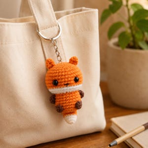 May include: A crochet fox keychain featuring a round orange head with small ears, black bead eyes, and a white muzzle. The body is orange with dark brown paws and a white-tipped tail, attached to a silver metal keyring and chain.