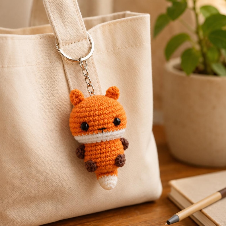 May include: A crochet fox keychain featuring a round orange head with small ears, black bead eyes, and a white muzzle. The body is orange with dark brown paws and a white-tipped tail, attached to a silver metal keyring and chain.