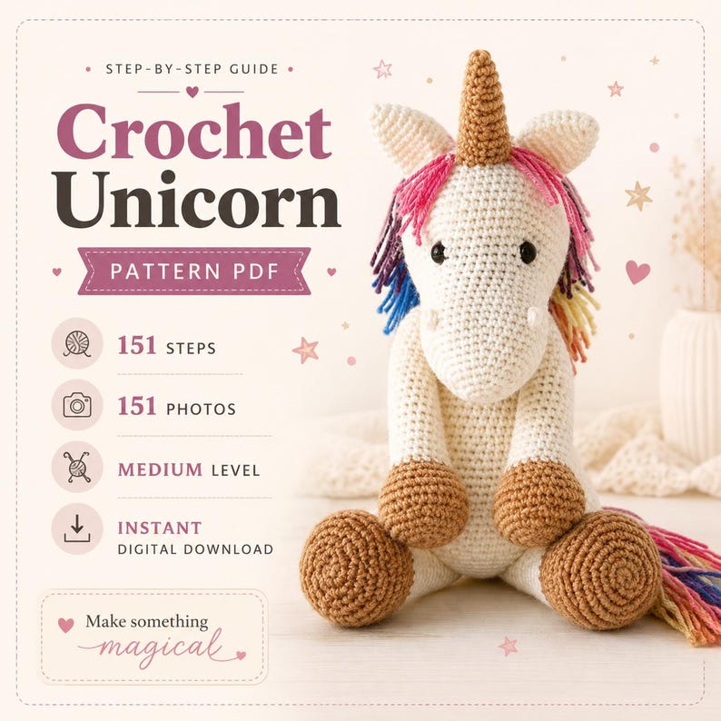 May include: A crochet unicorn pattern PDF featuring a cream-colored stuffed unicorn with a tan horn and hooves, and a multi-colored mane. The text reads: Step-by-step guide, Crochet Unicorn, Pattern PDF, 151 steps, 151 photos, medium level, instant digital download.