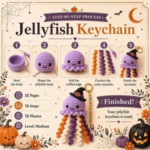 May include: A step-by-step instructional guide for a crochet jellyfish keychain featuring five numbered stages, text details including 32 pages, 76 steps, 76 photos, and a medium difficulty level, with a finished purple jellyfish wearing a black hat.