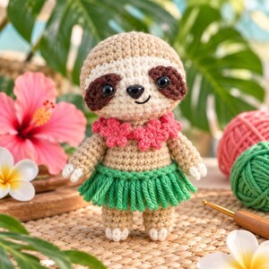 Puede incluir: Un juguete amigurumi de perezoso tejido a ganchillo con cuerpo color canela, parches marrones oscuros en los ojos y ojos negros. El perezoso lleva un collar de flores rosas tejido y una falda de hierba verde tejida, con garras blancas.
