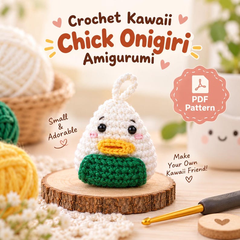 May include: A white, yellow, and green crocheted chick onigiri amigurumi with black eyes and pink cheeks. The text reads: Crochet Kawaii Chick Onigiri Amigurumi, Small & Adorable, PDF Pattern, Make Your Own Kawaii Friend!