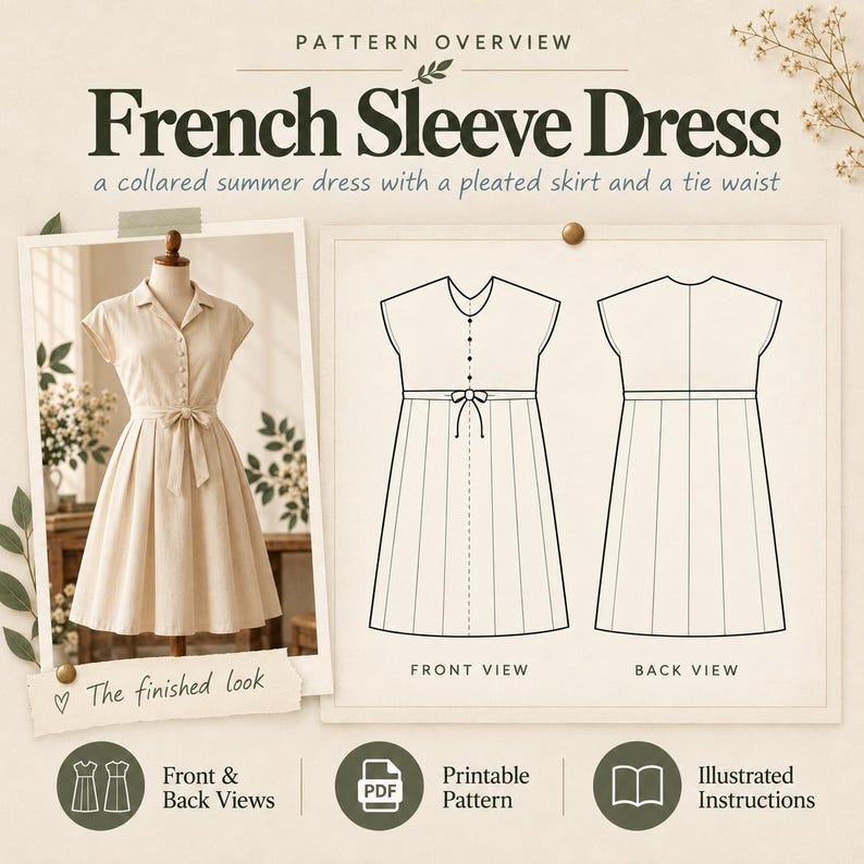 May include: A sewing pattern for a French Sleeve Dress featuring a collared summer dress with a pleated skirt and tie waist. The image displays a finished beige dress on a mannequin alongside front and back technical line drawings of the garment.