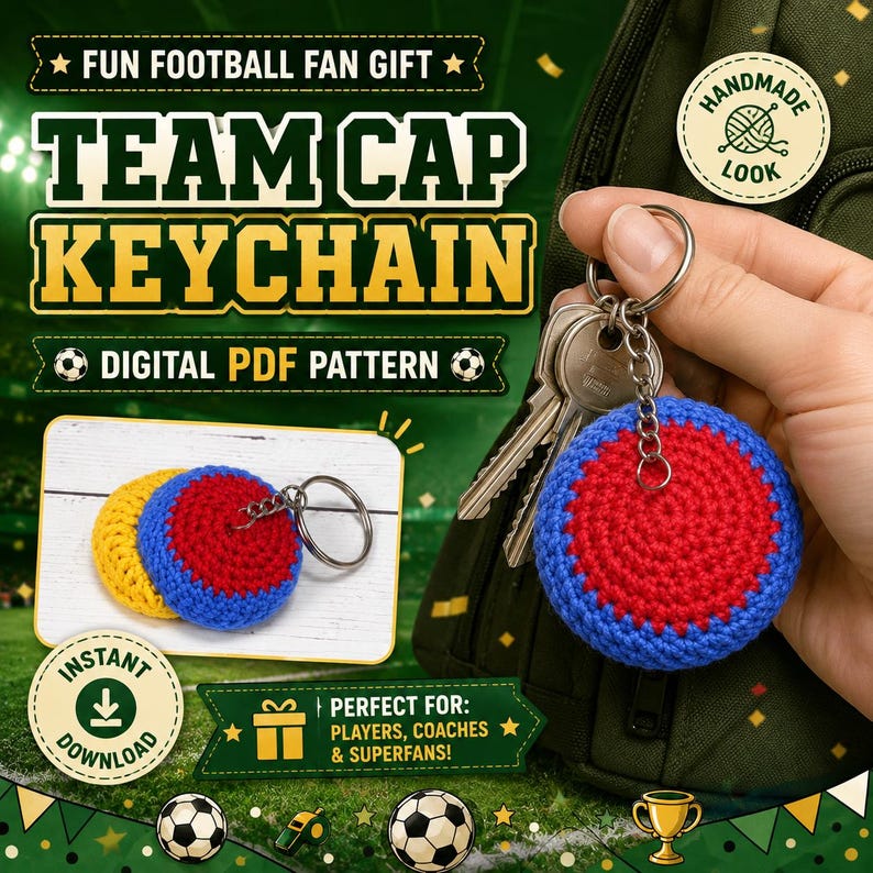May include: A crochet keychain featuring a round, red and blue yarn-covered disc attached to a metal ring. The text on the image reads: FUN FOOTBALL FAN GIFT, TEAM CAP KEYCHAIN, DIGITAL PDF PATTERN, INSTANT DOWNLOAD, PERFECT FOR: PLAYERS, COACHES & SUPERFANS!