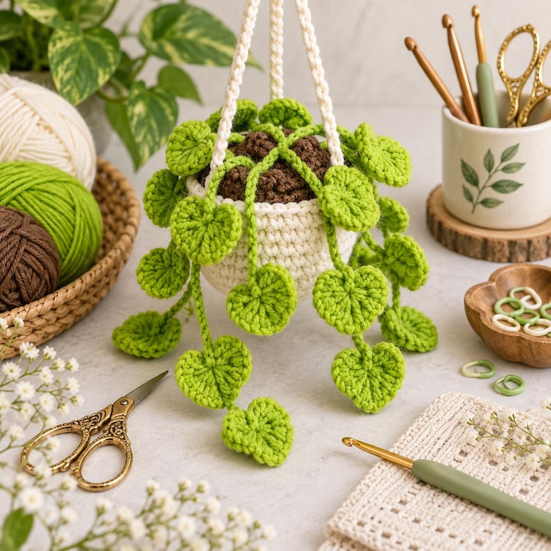May include: A crocheted hanging plant with bright green heart-shaped leaves and brown soil texture in a cream-colored pot. The plant is suspended by a thick white crocheted cord, showcasing intricate yarn work and detailed leaf patterns.