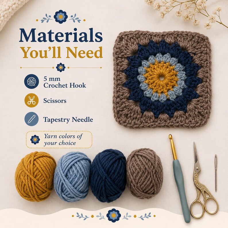 Pu&ograve; includere: Un grafico per tutorial all'uncinetto intitolato Materials You'll Need, che elenca un uncinetto da 5 mm, forbici, ago da lana e filato. Un motivo quadrato all'uncinetto &egrave; mostrato accanto a quattro gomitoli in senape, blu, blu navy e marrone.