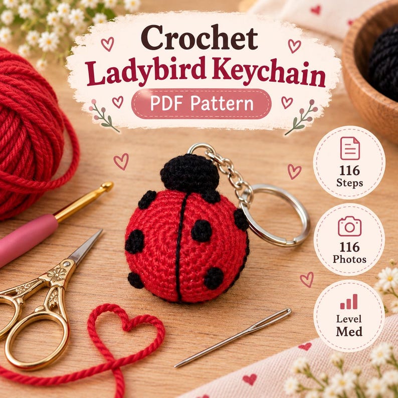 May include: A crochet ladybird keychain PDF pattern featuring a red and black ladybug with a metal keyring. The image includes text reading Crochet Ladybird Keychain PDF Pattern, 116 Steps, 116 Photos, and Level Med, alongside red yarn, a hook, and scissors.