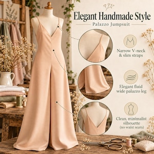 May include: A peach-colored palazzo jumpsuit featuring a V-neckline, thin shoulder straps, and wide legs. The garment has a seamless waist and a V-shaped back. Text on the image reads: Elegant Handmade Style, Palazzo Jumpsuit, Narrow V-neck & slim straps, Elegant fluid wide palazzo leg, Clean, minimalist silhouette (no waist seam).