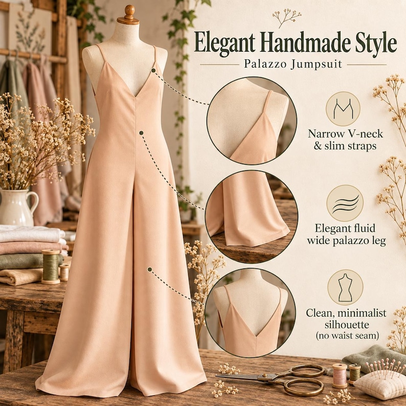 May include: A peach-colored palazzo jumpsuit featuring a V-neckline, thin shoulder straps, and wide legs. The garment has a seamless waist and a V-shaped back. Text on the image reads: Elegant Handmade Style, Palazzo Jumpsuit, Narrow V-neck & slim straps, Elegant fluid wide palazzo leg, Clean, minimalist silhouette (no waist seam).