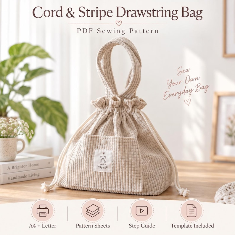 Peut inclure: Un sac &agrave; cordon en velours c&ocirc;tel&eacute; beige avec une poign&eacute;e sup&eacute;rieure, dot&eacute; d'une poche avant &agrave; bouton-pression et d'une &eacute;tiquette blanche avec un ours. Le texte indique Cord & Stripe Drawstring Bag, PDF Sewing Pattern, et Sew Your Own Everyday Bag.