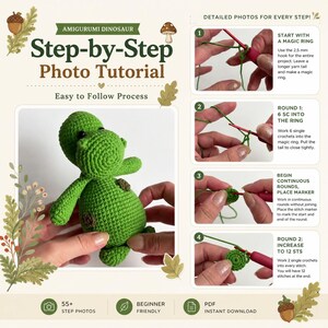 Op de afbeelding: Een digitale handleiding voor een amigurumi-dinosaurus, met een groen gehaakt speelgoedje en vier genummerde instructiepanelen met tekst. De gids bevat een haaknaald van 2,5 mm, groen garen en stapsgewijze foto's voor een magische ring.