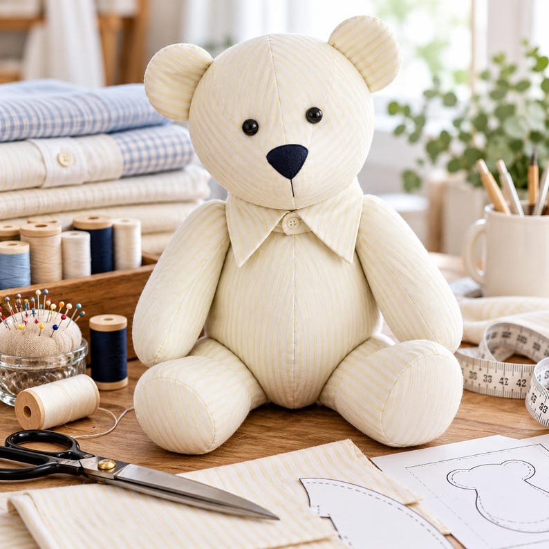 May include: A stuffed teddy bear made from cream-colored fabric with thin vertical stripes. The bear features a dark navy blue nose, black bead eyes, and a fabric collar with a single button at the neck. The bear is seated in an upright position.