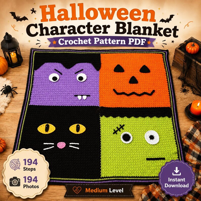 May include: A square crochet blanket featuring four Halloween character panels: a purple vampire, an orange jack-o'-lantern, a black cat, and a lime green monster. The text reads Halloween Character Blanket Crochet Pattern PDF, 194 Steps, 194 Photos, Medium Level, and Instant Download.