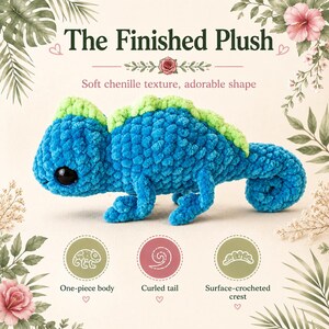 May include: A blue chenille plush chameleon with a light green crest along its back and a curled tail. The plush features large black eyes and a one-piece body. Text on the image includes The Finished Plush, Soft chenille texture, adorable shape.