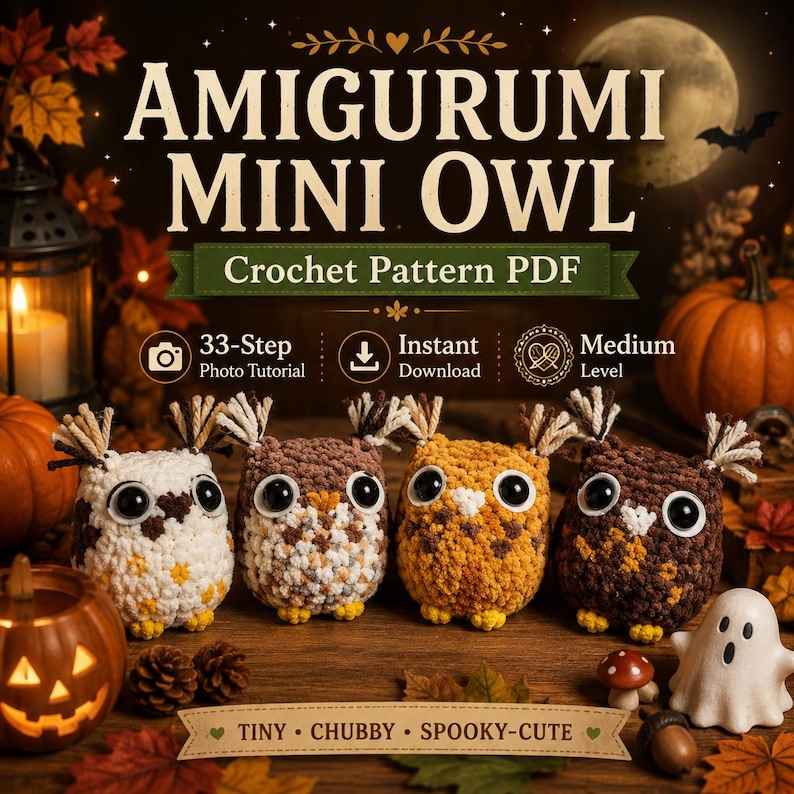 May include: A digital crochet pattern PDF titled AMIGURUMI MINI OWL featuring four small, round, textured owl plushies in white, light brown, orange, and dark brown, each with large black eyes and tufted ears, displayed with Halloween decor.