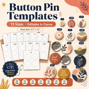 Button Pin Template Bundle, Editable Canva Badge SVG, 13 Sizes Circle Pinback Button Templates,  PDF PNG