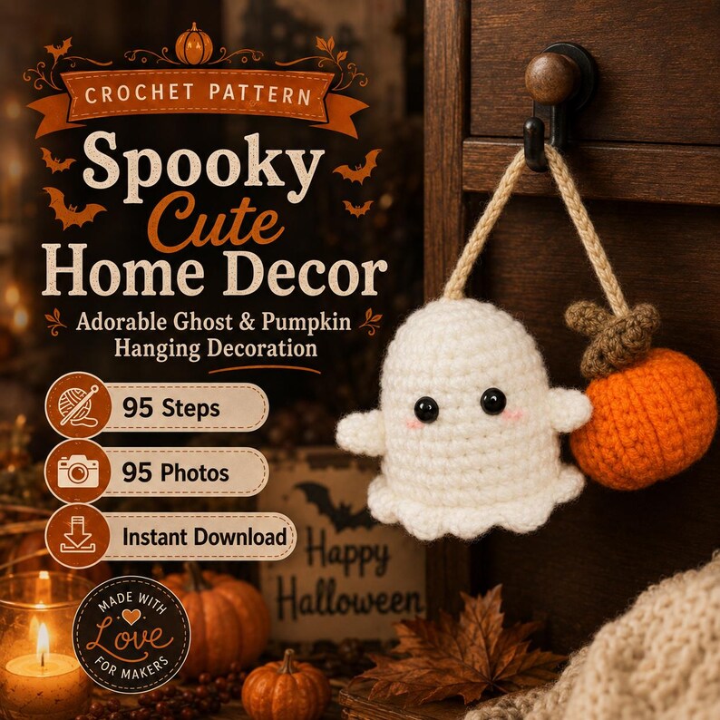 May include: A crochet pattern for a hanging decoration featuring a white ghost and an orange pumpkin. The text reads: Crochet Pattern Spooky Cute Home Decor, Adorable Ghost & Pumpkin Hanging Decoration, 95 Steps, 95 Photos, Instant Download, Made with Love for Makers.