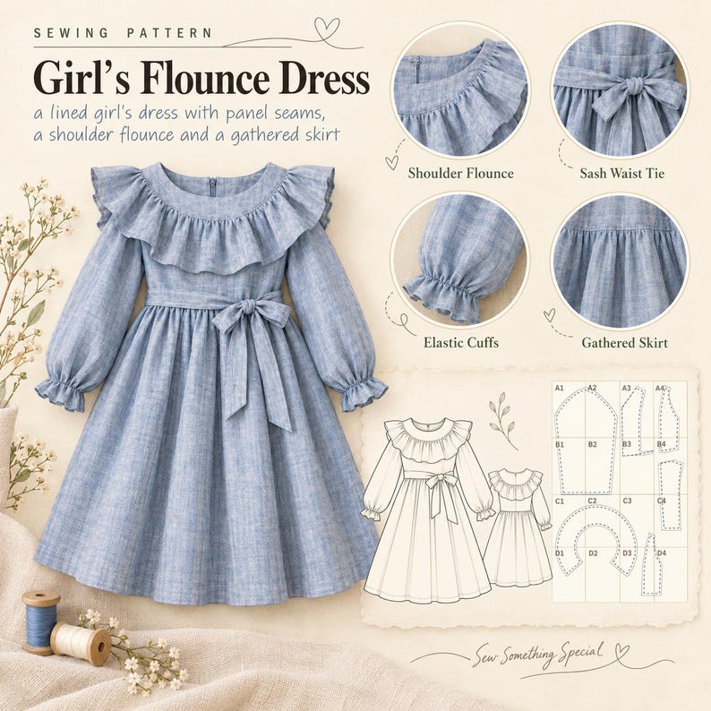 May include: A blue chambray dress sewing pattern titled Girl's Flounce Dress. Features include a shoulder flounce, sash waist tie, elastic cuffs, and a gathered skirt. The image displays the finished garment, detailed circular close-ups, and technical line drawings of the pattern pieces.