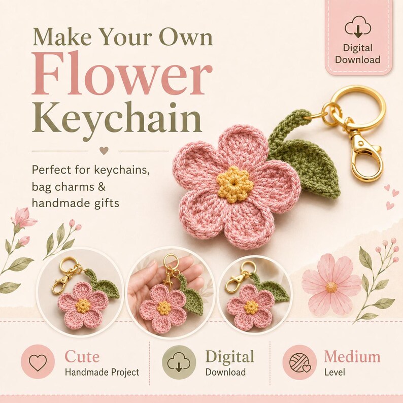 K&ouml;nnte beinhalten: Ein geh&auml;kelter Blumen-Schl&uuml;sselanh&auml;nger mit f&uuml;nf rosa Bl&uuml;tenbl&auml;ttern und einer gelben Mitte, befestigt an einem goldfarbenen Metallring mit Karabiner. Das Bild enth&auml;lt den Text Make Your Own Flower Keychain, Digital Download und Projektdetails.