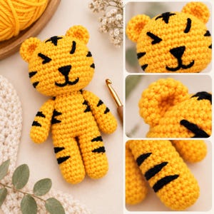 May include: A yellow crocheted tiger toy with black stitched stripes, a triangular nose, and a curved mouth. The toy features small rounded ears and short limbs. The image includes detailed views of the tiger's face, ear, and striped arm.