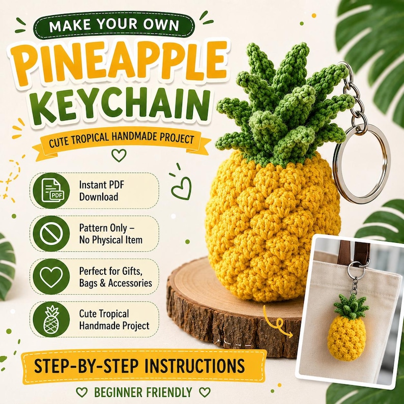 May include: A crochet pineapple keychain pattern featuring text that reads Make Your Own Pineapple Keychain, Cute Tropical Handmade Project, Instant PDF Download, Pattern Only - No Physical Item, Step-By-Step Instructions, and Beginner Friendly.