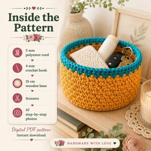 May include: A round, mustard-yellow crochet basket with a teal scalloped rim. Text on the left lists requirements: 5 mm polyester cord, 4 mm crochet hook, 15 cm wooden base, scissors, and 47 step-by-step photos for this digital PDF pattern.
