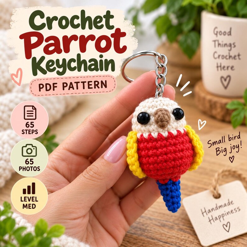 May include: A crochet parrot keychain featuring a white head, a red body, yellow wings, and a blue tail, attached to a silver metal keyring. The image includes text reading Crochet Parrot Keychain, PDF PATTERN, 65 STEPS, 65 PHOTOS, LEVEL MED, Small bird Big joy!, and Handmade Happiness.