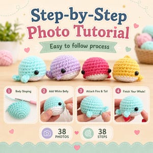May include: A step-by-step photo tutorial for crocheting small whales. The image features four finished whales in light blue, lavender, pink, and yellow, alongside four instructional panels showing body shaping, belly attachment, and fin assembly.