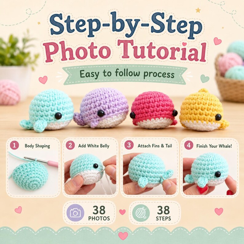 May include: A step-by-step photo tutorial for crocheting small whales. The image features four finished whales in light blue, lavender, pink, and yellow, alongside four instructional panels showing body shaping, belly attachment, and fin assembly.
