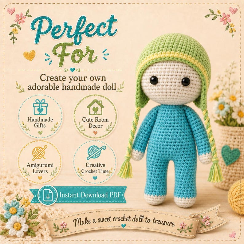 K&ouml;nnte beinhalten: Eine H&auml;kelanleitung-Werbung mit einer handgefertigten Puppe mit hellgr&uuml;ner M&uuml;tze, wei&szlig;em Gesicht und blauem K&ouml;rper. Der Text lautet: Perfect For, Create your own adorable handmade doll, Handmade Gifts, Cute Room Decor, Amigurumi Lovers, Creative Crochet Time, Instant Download PDF, Make a sweet crochet doll to treasure.