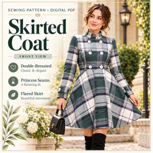 May include: A digital PDF sewing pattern for a double-breasted skirted coat featuring a green, navy, and cream plaid pattern, a high collar, princess seams, and a flared skirt. The text reads SEWING PATTERN, DIGITAL PDF, SKIRTED COAT, FRONT VIEW.