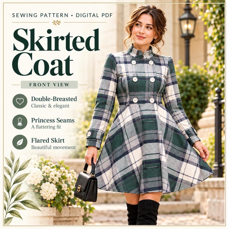 May include: A digital PDF sewing pattern for a double-breasted skirted coat featuring a green, navy, and cream plaid pattern, a high collar, princess seams, and a flared skirt. The text reads SEWING PATTERN, DIGITAL PDF, SKIRTED COAT, FRONT VIEW.