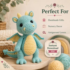 May include: A light blue and yellow crocheted dragon amigurumi toy with black eyes, small horns, and wings. Text on the image reads: Perfect For, Handmade Gifts, Nursery Decor, Amigurumi Lovers, and Instant Download PDF.
