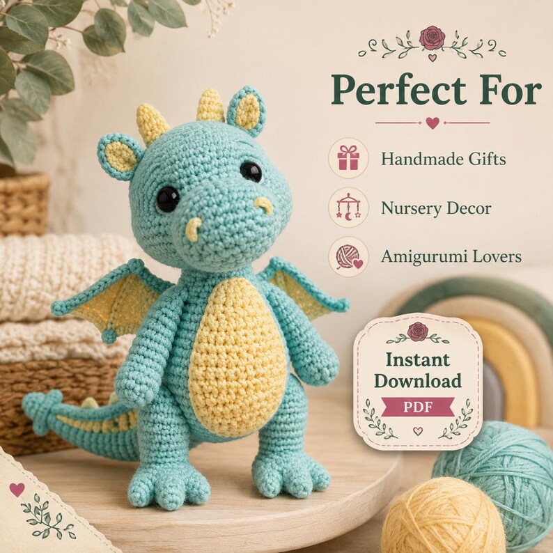 May include: A light blue and yellow crocheted dragon amigurumi toy with black eyes, small horns, and wings. Text on the image reads: Perfect For, Handmade Gifts, Nursery Decor, Amigurumi Lovers, and Instant Download PDF.