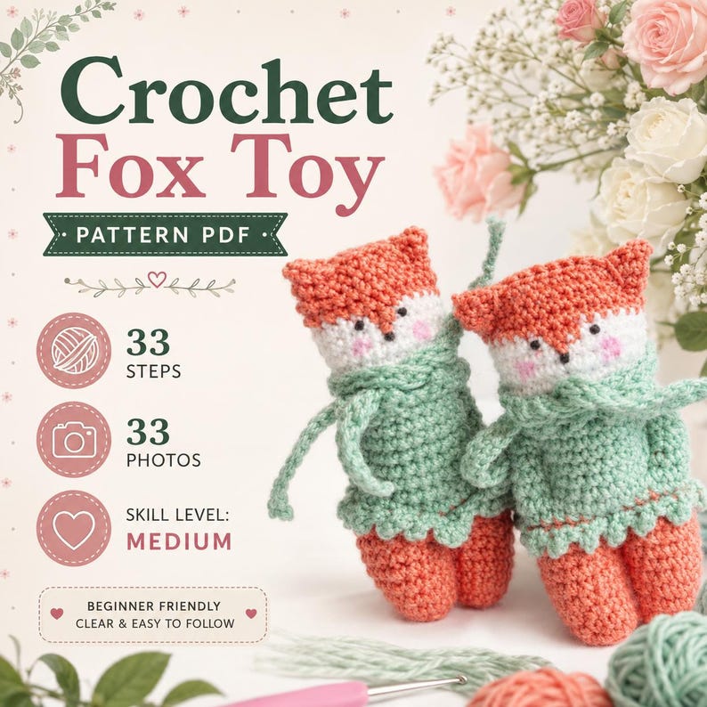 Puede incluir: Un patr&oacute;n PDF de juguete de zorro a ganchillo con dos zorros tejidos a mano en naranja y blanco, con bufandas y jers&eacute;is verde menta. El texto dice Crochet Fox Toy, Pattern PDF, 33 Steps, 33 Photos, Skill Level: Medium, Beginner Friendly.