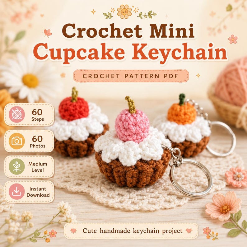May include: A crochet mini cupcake keychain pattern PDF featuring three small cupcakes with brown bases, white frosting, and colorful tops. The text reads Crochet Mini Cupcake Keychain, Crochet Pattern PDF, 60 Steps, 60 Photos, Medium Level, Instant Download, and Cute handmade keychain project.