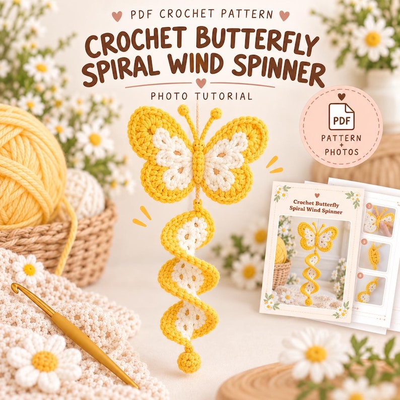 Puede incluir: Un patr&oacute;n de ganchillo para un m&oacute;vil de mariposa en espiral, con una mariposa amarilla y blanca y una cola en espiral. El PDF incluye un tutorial fotogr&aacute;fico con el texto PDF CROCHET PATTERN CROCHET BUTTERFLY SPIRAL WIND SPINNER.
