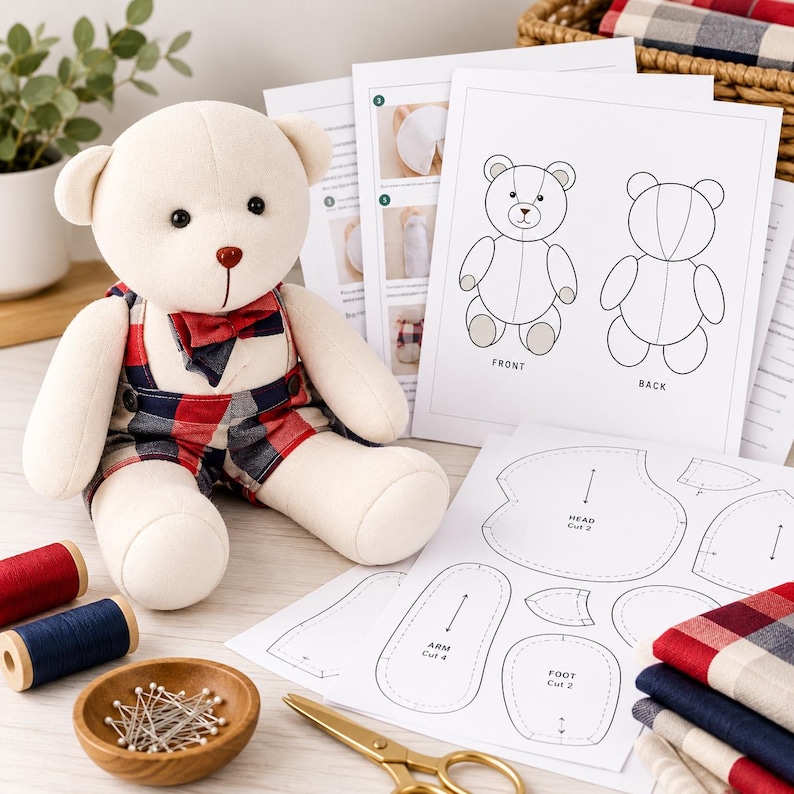 May include: A cream-colored plush teddy bear wearing red and blue plaid overalls and a matching bowtie, accompanied by printed sewing pattern instructions, fabric swatches, spools of thread, a bowl of pins, and gold scissors.